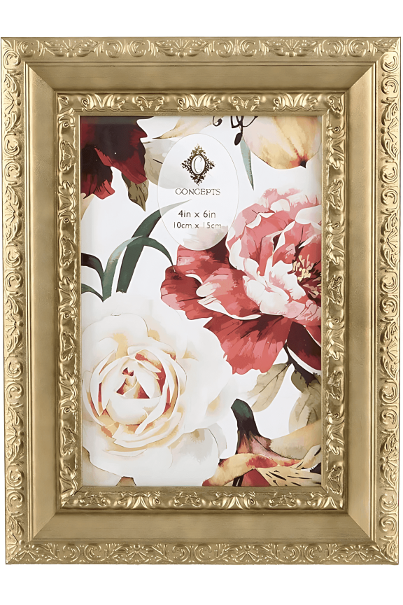 Concepts 4x6 Gold Picture Frame Ornate Flower Resin Photo Frame with HD Glass, Wall/Tabletop