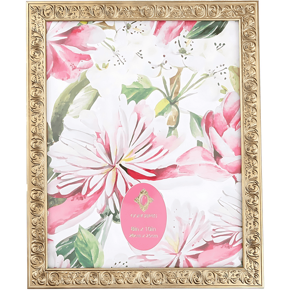 Concepts 8x10 Gold Picture Frame Ornate Flower Resin Photo Frame with HD Glass, Wall Decor/Tabletop Display
