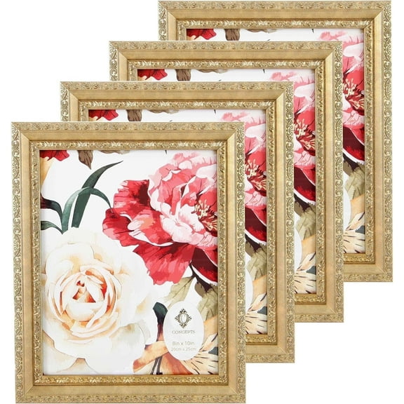 Concepts 8x10 Gold Picture Frames - Set of 4 Ornate Flower Photo Frames with HD Glass, Wall/Tabletop