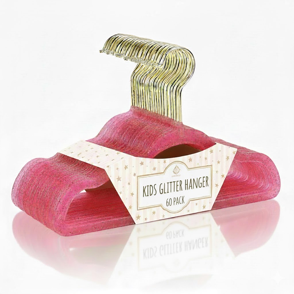 Concepts Kids Hangers, Hot Pink Glitter Toddler Hangers with Gold Hook - Space-Saving Clothes Hanger, 60-Pack
