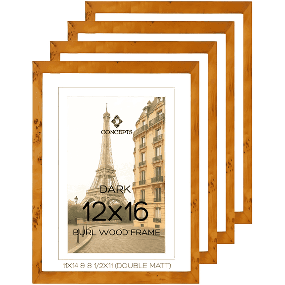 Concepts 12x16 Picture Frames with Double Mat (11X14/8.5X11), Dark Burl Wood Photo Frames, Poster Frames for Home & Office – Wallhang and Tabletop Display (Set of 4)