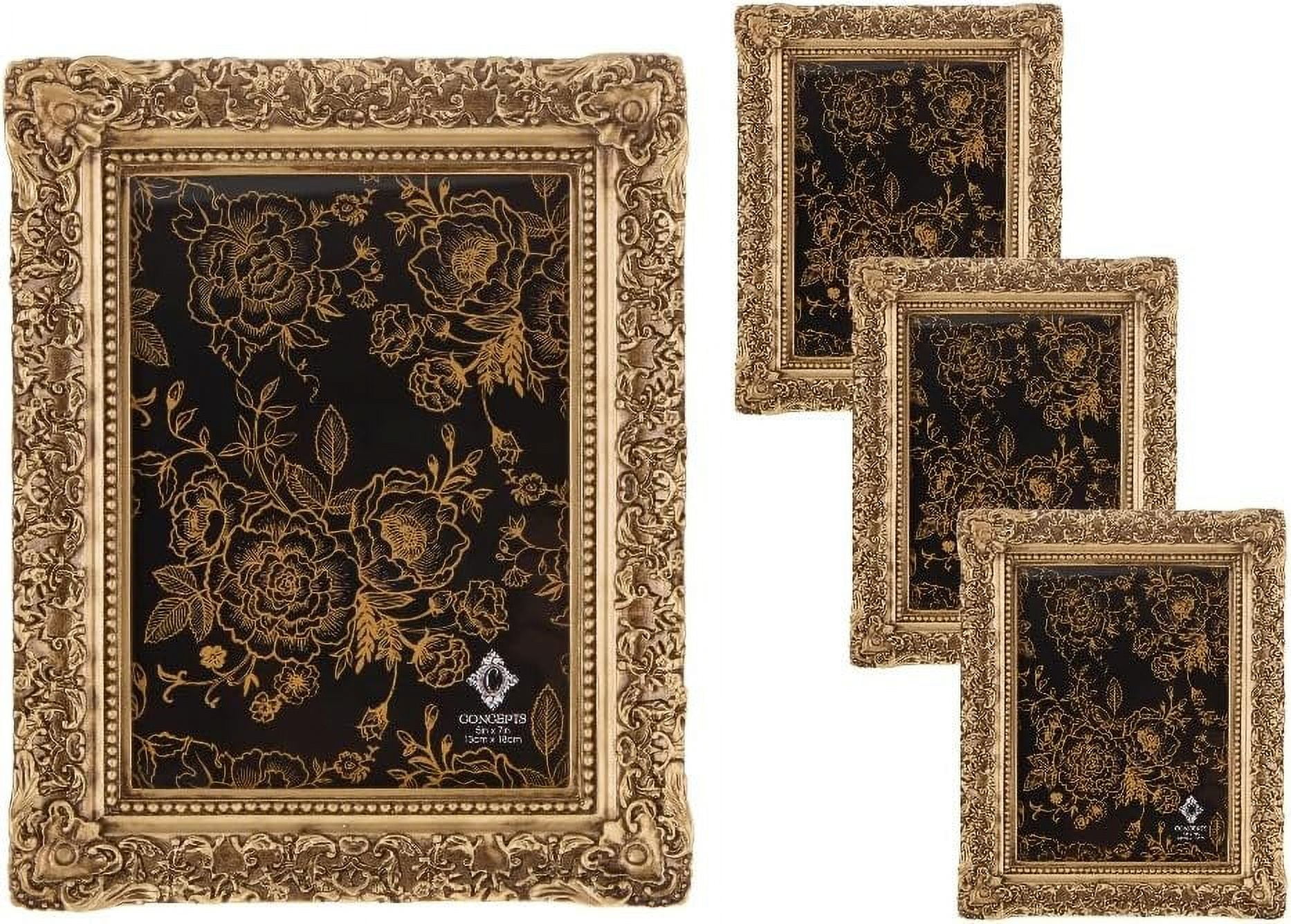 Concepts Set Of 4 5x7 Gold Ornate Scroll Resin Picture Frames for Family Photos Elegant Wall and Tabletop Decor in Bulk Perfect for Preserving