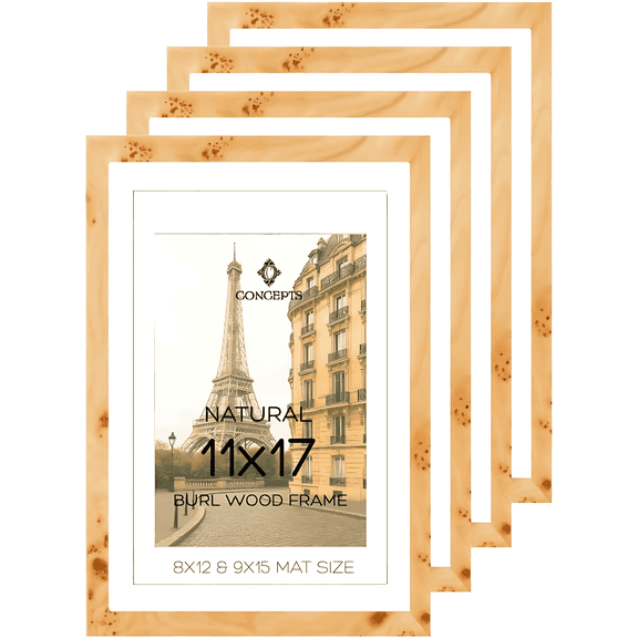 Concepts 11x17 Picture Frames, Burl Wood Photo Frames, Natural Frames for Wall Decor – Vertical / Horizontal (Set of 4)