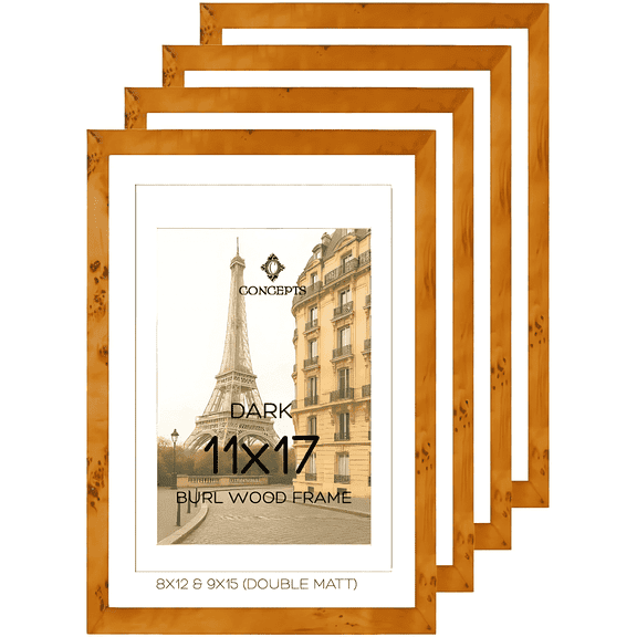 Concepts 11x17 Picture Frames, Burl Wood Photo Frames, Dark Wood Frames for Wall Decor – Vertical / Horizontal (Set of 4)