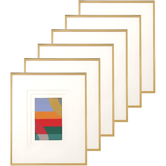 Concepts Set of 6 Gold Metal Picture Frames, 10x12 Triple Matted to 4x6, Elegant Vintage Photo Frames for Family, Wall & Tabletop Decor