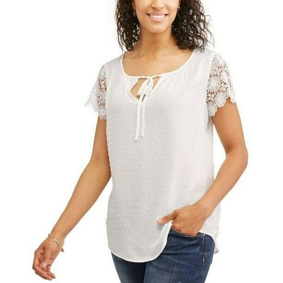 Concepts T-Shirt Women's Size L White Lace Sleeve Swiss Dot