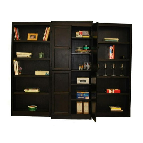 Concepts in Wood 15 Shelf Bookcase Wall with Doors, 72 inch Tall - Espresso Finish