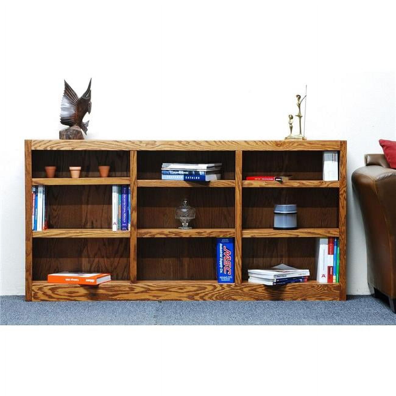 Oak Finish Adjustable 36" Tall Triple Wide Wood Bookcase