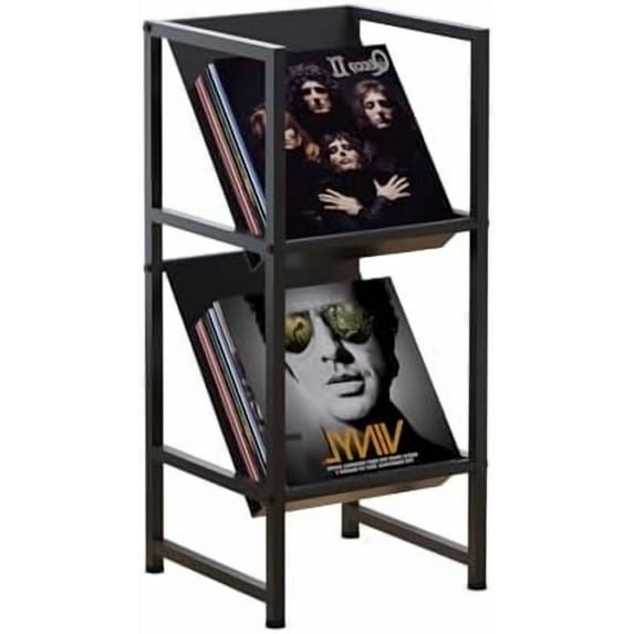 Conceptual Design Vinyl Record Storage, 2 Tier Black Metal Record Holder, Stylish Storage Solution for Your Collection
