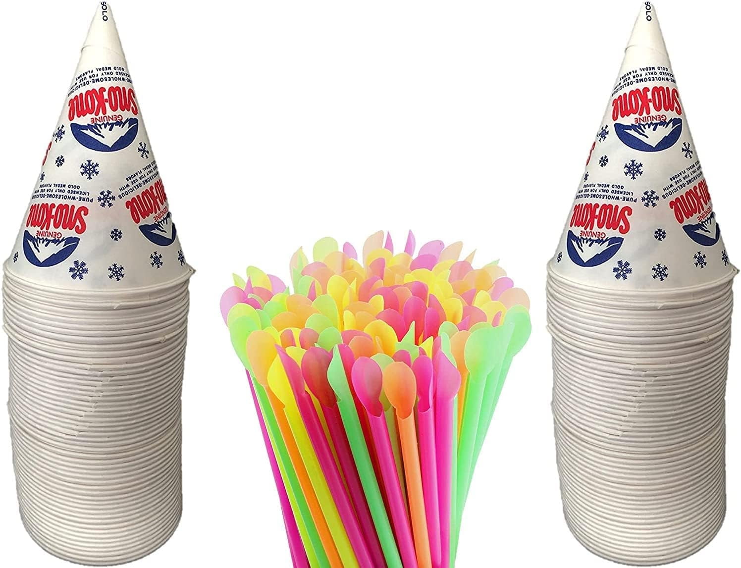 Concession Essentials 100 Count 6oz Snow Cone Cups with 100 8" Neon Spoon Straws, Pack of 200ct (100 cups/100 straws)