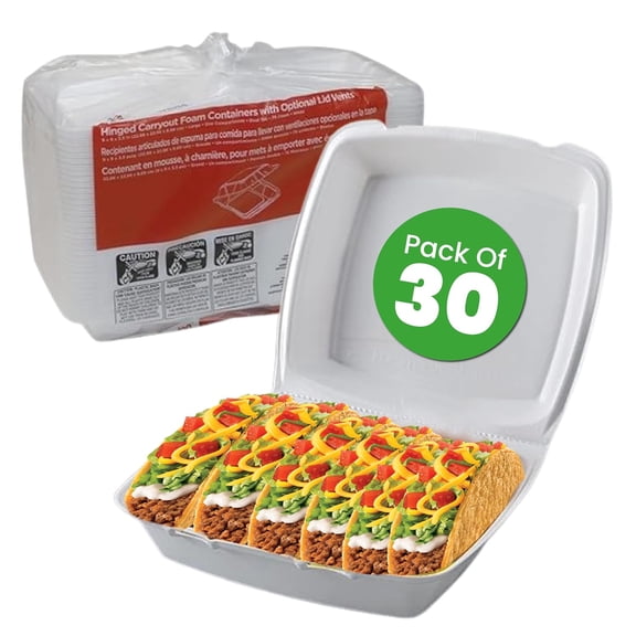 Concession Essentials Pack of 30CT Choice Large 9 x 9 x 3.5 Inch Foam 1-Compartment Containers, White, Hinged, with Optional Venting, Polystyrene