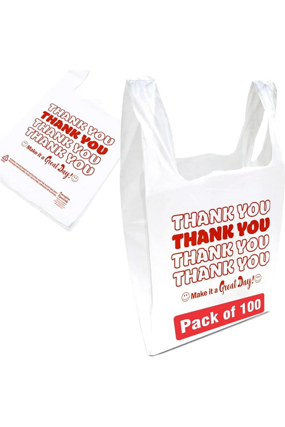 Reusable Thank You Polyethylene, T Shirt Bags Pack of 100 White Count