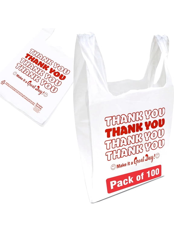 Reusable Thank You Polyethylene, T Shirt Bags Pack of 100 White Count