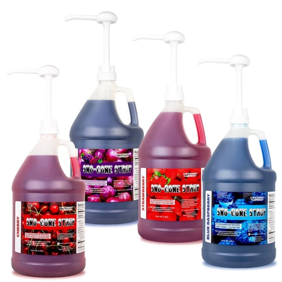 Concession Express Sno-Cone Syrups - Four Gallons with Pumps - Blue Raspberry, Cherry, Grape, Strawberry