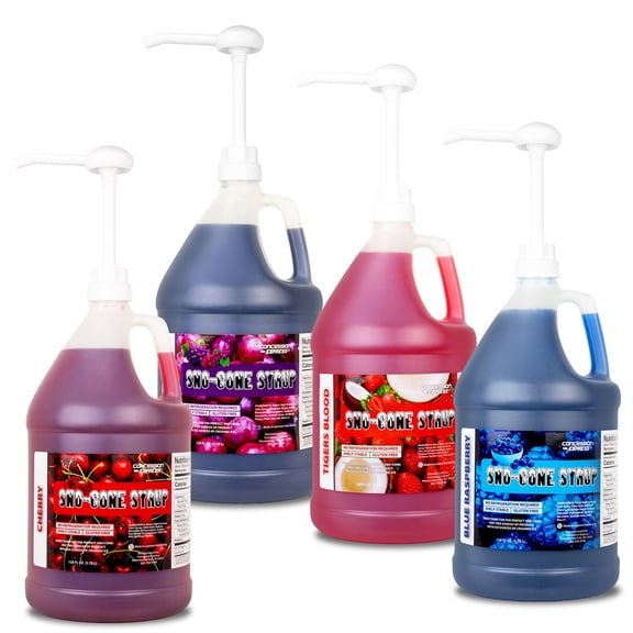 Concession Express Sno-Cone Syrups - Four Gallons with Pumps - Blue Raspberry, Cherry, Grape, Tigers Blood