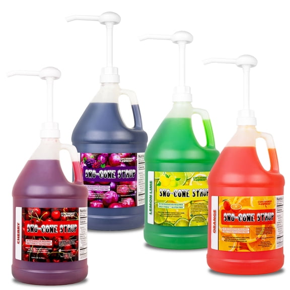 Concession Express Sno-Cone Syrups - Four Gallons with Pumps - Cherry,  Grape, Lemon Lime, Orange