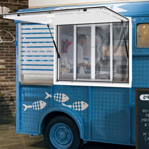 Concession Stand Serving Window with Awning Door, 48x30 inches Food Truck Service Awning with Sliding Screened Mesh