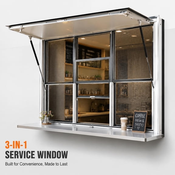 Concession Window, 3-in-1 Aluminum Alloy Service Windows with Tempered Glass and Stainless Steel Mesh, Dual Hydraulic Rods 85 Opening Serving Window for Food Truck Trailer