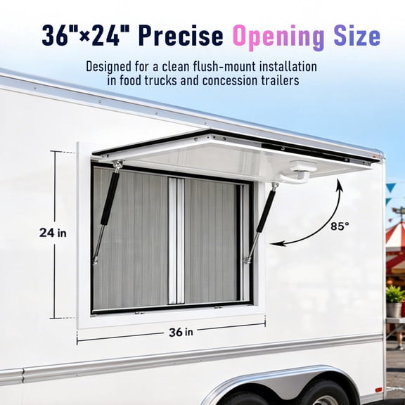 Concession Window 36in W x 24in H, Aluminum Alloy Service Window with Sun Rain Shield Awning Door & Sliding Insect Mesh, Lockable Flush Mount Serving Window for Mobile Catering, Barbecue Vehicle
