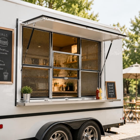 Concession Window 60 x 36 Inch, Aluminum Alloy Service Windows with Tempered Glass and Stainless Steel Mesh, 3-in-1 Serving Window with Dual Hydraulic Rods for Food Truck Trailer