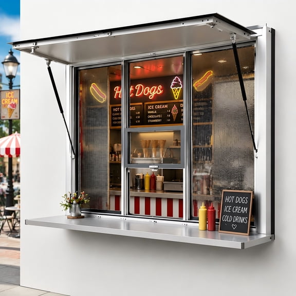 Concession Window,60"x36" Aluminum Service Window with Tempered Glass & Stainless Steel Mesh,Dual Hydraulic Rods Sliding Window for Food Truck Trailer