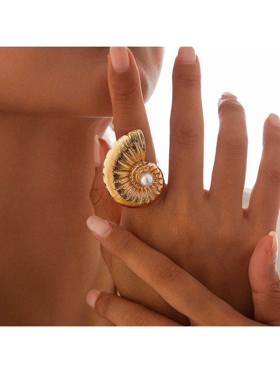 Conch Alloy Adjustable Rings for Women with Plastic Imitation Pearls Light golden US Size 8 1/2(18.5mm) Alloy