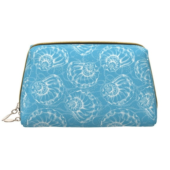 Conch Blue Makeup Bag, Large Capacity Travel Cosmetic Bag for Women Girls- Travel Toiletry Bag Leather Portable Waterproof Makeup Case Organizer with Handle