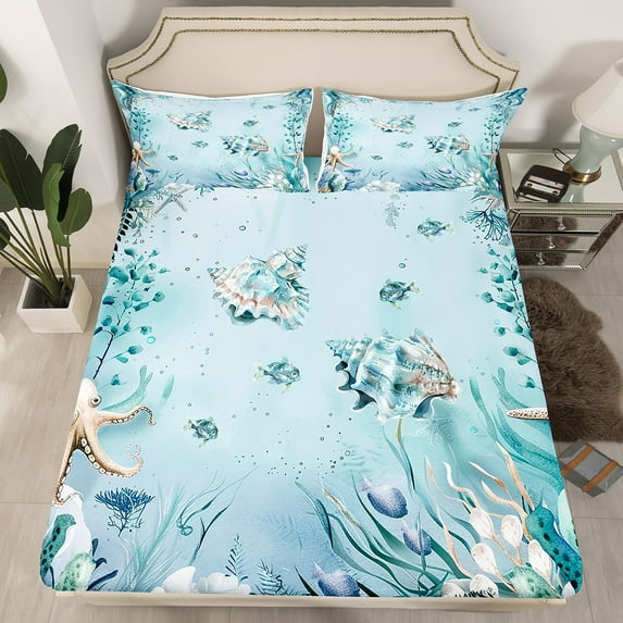 Conch Fitted Sheet Teal Blue Ocean Beach Coastal Twin Bed Sheets,Starfish Octopus Tentacles Sheets Underwater Creature Coral Bedding Set,Kawaii Fish Room Decor(No Top Sheet)