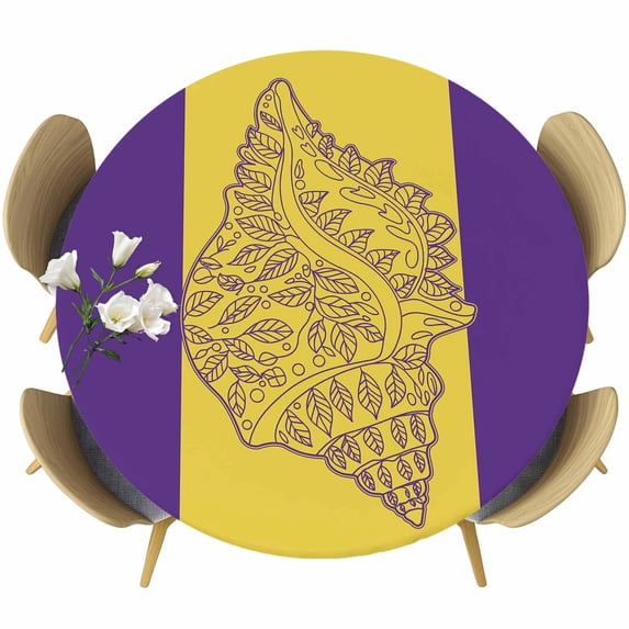 Conch Mandalas Round Tablecloth, Fitted Table Cover with Elastic for 55"-60" Round Tables, Boho Modern Yellow Purple Abstract Stripe Table Cloth Outdoor Indoor Dinning Party Waterproof Tablecloths