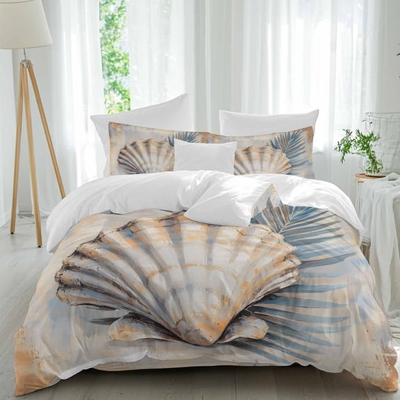 Conch Palm Leaf Duvet Cover Set Queen Size, Vintage Ocean 4 Piece Soft Microfiber Bedding Set with 1 Duvet Cover, 1 Flat Sheet, 2 Pillowcases