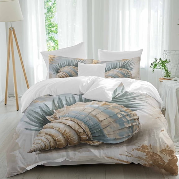 Conch Palm Leaf Duvet Cover Set Queen Size, Vintage Ocean 4 Piece Soft Microfiber Bedding Set with 1 Duvet Cover, 1 Flat Sheet, 2 Pillowcases