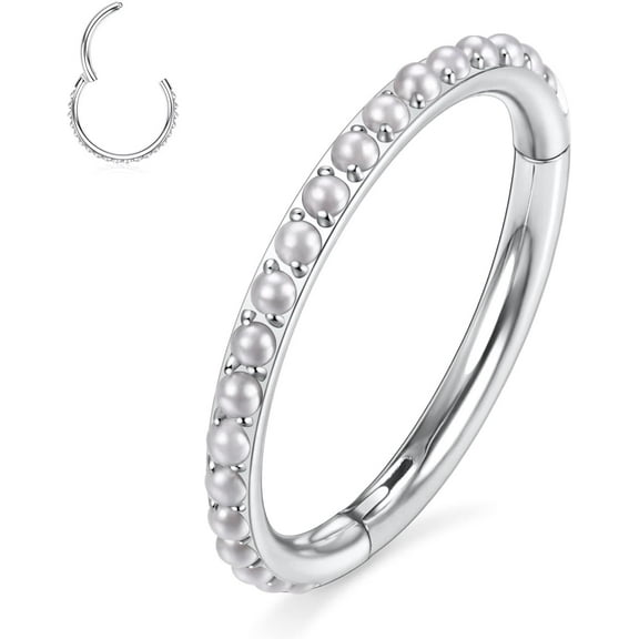 Conch Piercing Jewelry Surgical Steel 16g Septum Jewelry White Pearl Daith Earrings Clicker Hoop Piercing Rings Lip Rings with White Pearl Helix Rook Piercing