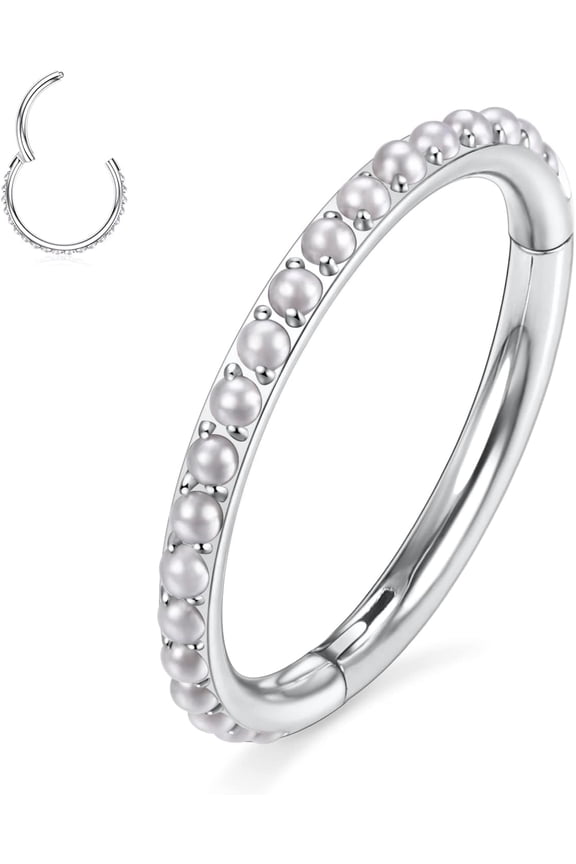 Conch Piercing Jewelry Surgical Steel 16g Septum Jewelry White Pearl Daith Earrings Clicker Hoop Piercing Rings Lip Rings with White Pearl Helix Rook Piercing