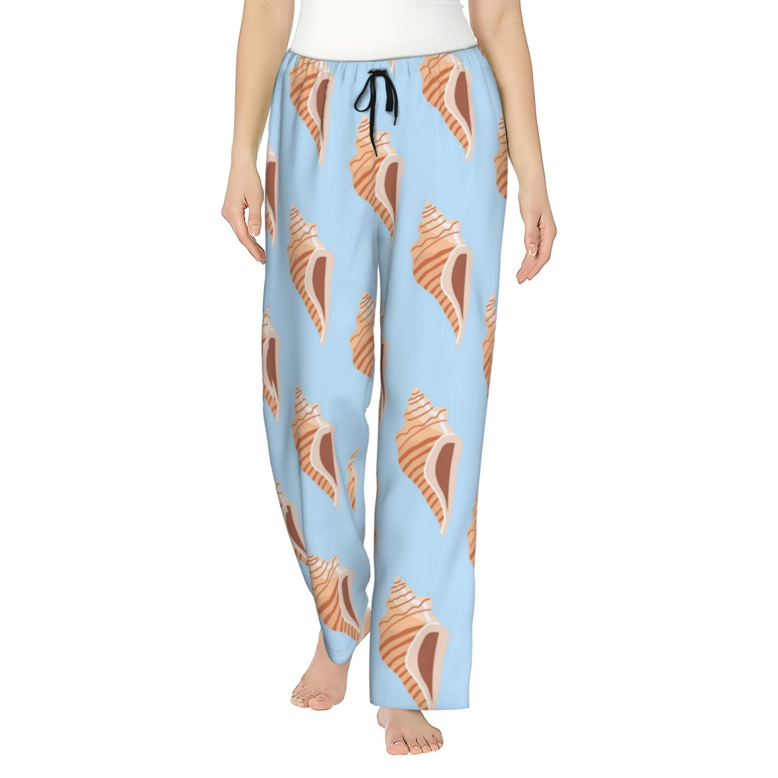 Conch Print Light Blue Pajama Pants for Women with Pocket, Long Comfy Women's Pajama Bottoms