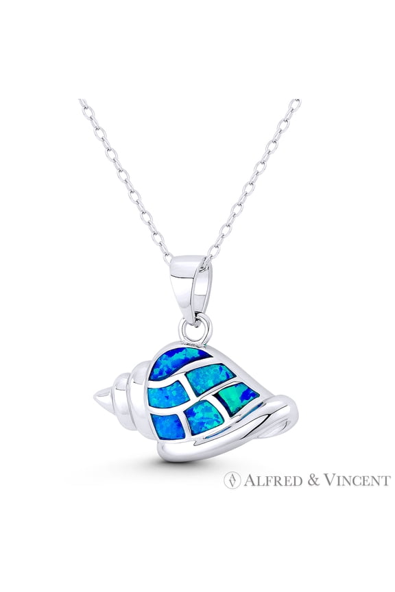 Conch Seashell Horn "Shell Trumpet" Created Opal 22x22mm (0.9x0.9in) Pendant & Chain Necklace in .925 Sterling Silver w/ Rhodium