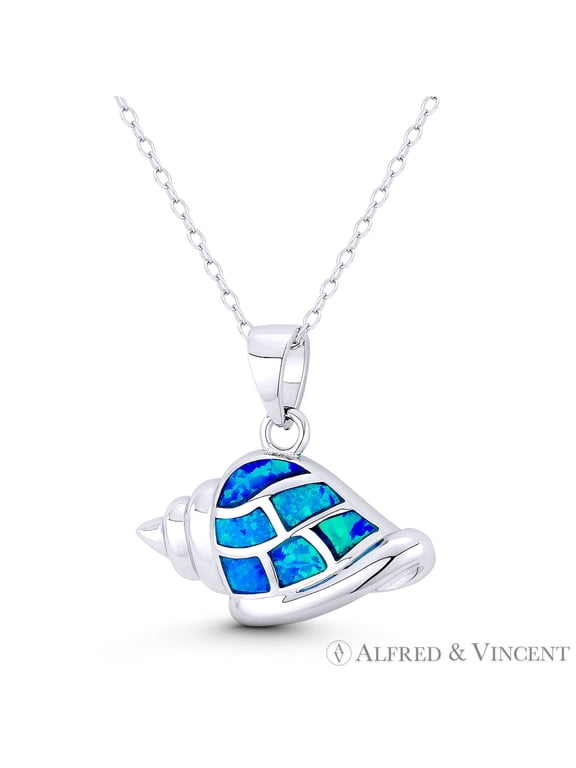 Conch Seashell Horn "Shell Trumpet" Created Opal 22x22mm (0.9x0.9in) Pendant in .925 Sterling Silver w/ Rhodium