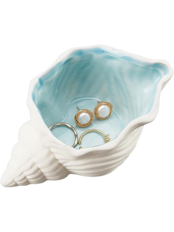 Conch Shape Ceramic Jewelry Tray, Aqua Shell Trinket Dish for Rings, Earrings & Necklaces, Ocean-Themed Jewelry Holder for Bedroom, Bathroom & Vanity