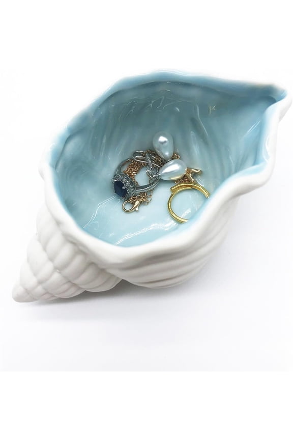 Conch Shape Ceramic Jewelry Tray,NOGIS Shell Trinket Dish, Aqua Shell Trinket Dish Ceramic Ring Earring Holder Ocean-themed Decorative Trinket Plate for Rings Necklaces Bracelet Jewelry Watch