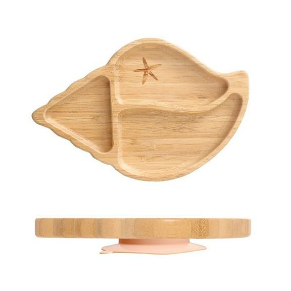 Conch Shaped Cute Cartoon Baby Divided Plate with Suction Cup Base for Toddler Self Feeding and Complementary Food Serving on Bamboo Wood Tray