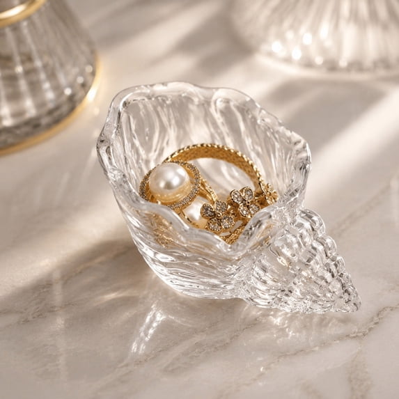 Conch Shaped Glass Decorative Tray Shell Trinket Dish Ocean Style Jewelry Storage Organizer Bathroom Vanity Home Decor Coastal Accent Gift Tabletop Ornament Display Centerpiece Keepsake