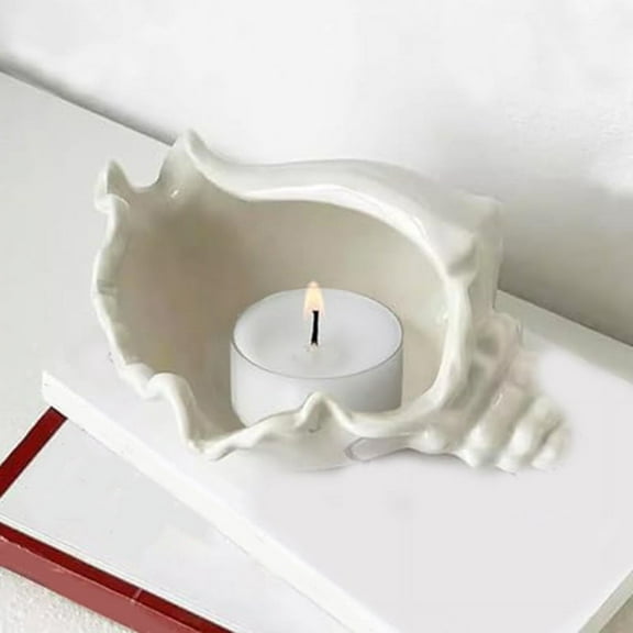 Conch Shell Tea Light Candle Holder, Shell Jewelry Dish, Ocean Beach Theme Ceramic White Shell Jewelry Tray