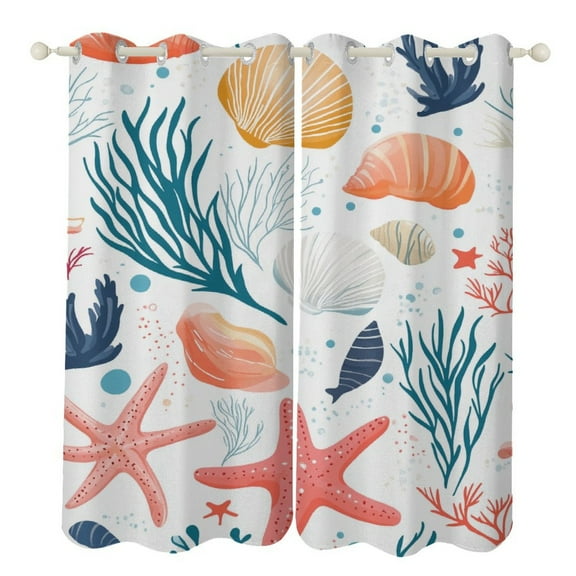 Conch Starfish Shell (65) Blackout Curtains, Watercolor Pattern Window Treatment Grommet Curtains for Bedroom Thermal Insulated Window Curtains for Living Room 2 Panel Set