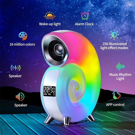 Conch Wake Up Light & Wireless Speaker, RGB Color Changing Smart Lamp with Alarm Clock, APP Control, 16M Colors, 256 Light Modes, Music Rhythm Light, USB Charging for Bedroom, Game, PC, Phone