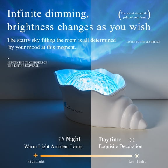Conch Water Ripple Projector Night Light, Ocean Wave Starry Sky Projection Lamp with White Noise for Sleep, Dimmable Ambient Lighting for Bedroom, Kids Room, and Home Decor (170mm x 74mm)