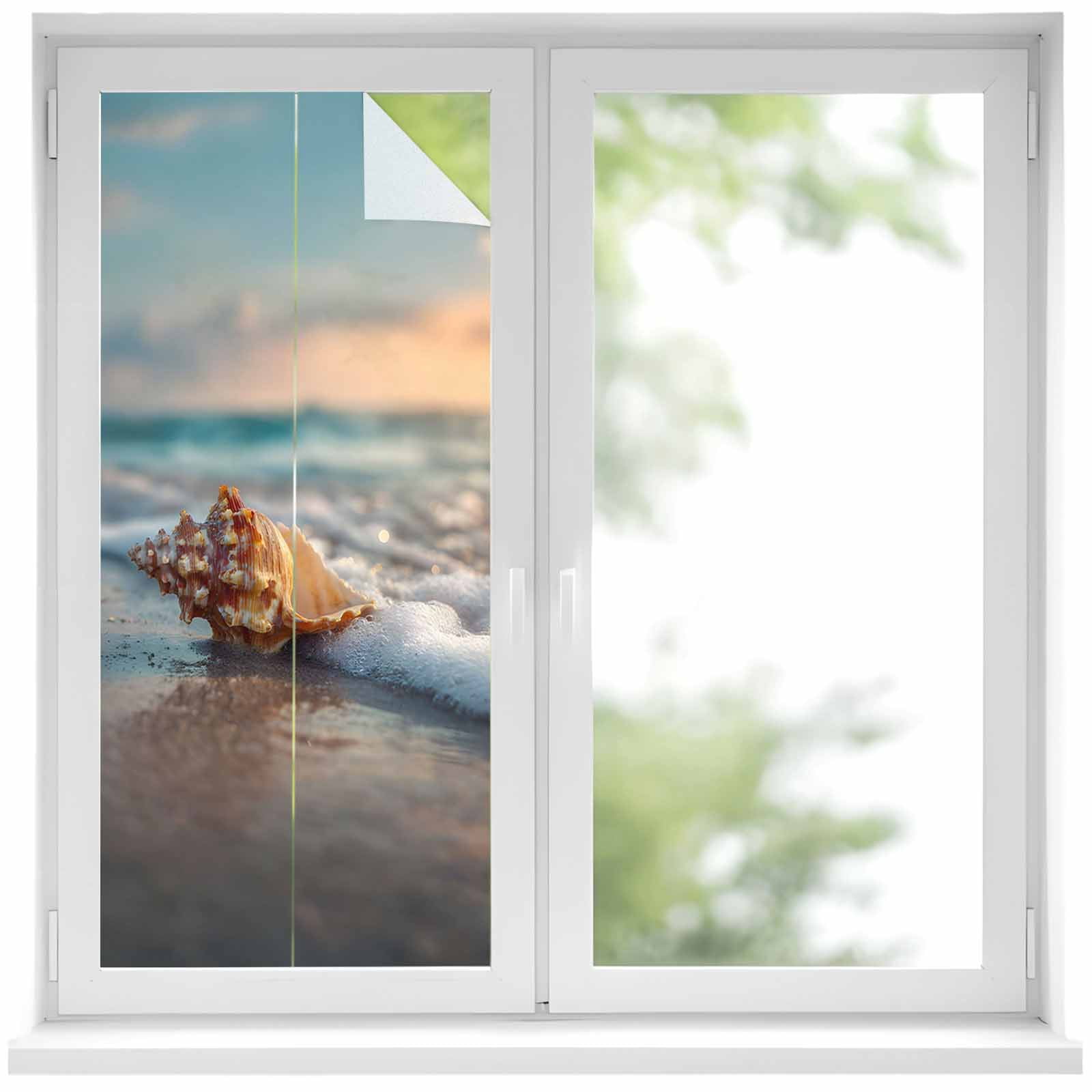 Conch Window Privacy Film, Sunset Seaside Ocean Waves Seashell Beach ...