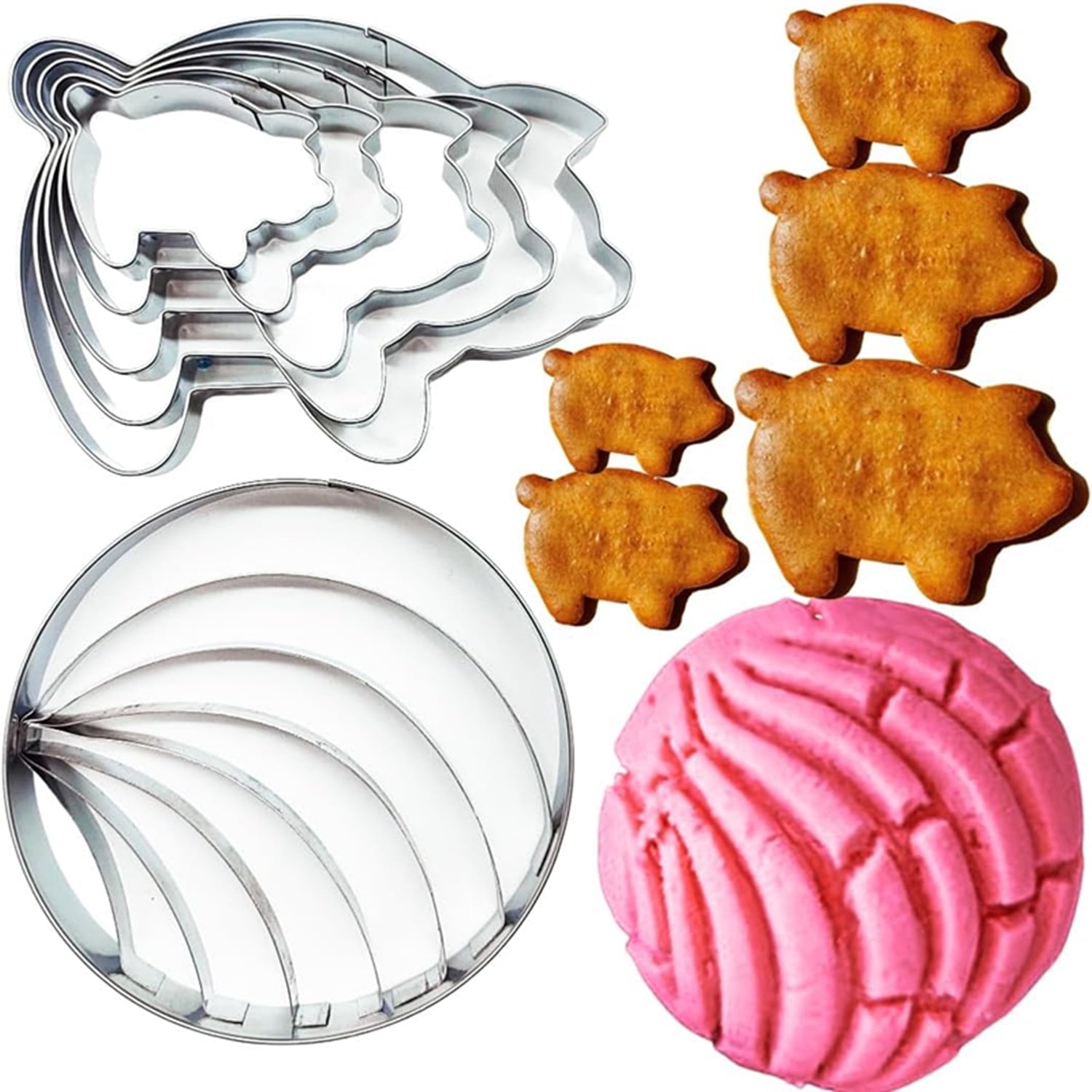 Concha Cutter Bread Mold 4.1in with 5pc Pig Cookie Cutter By Cortador De Conchas De Pan Mexicano Concha Stamp Mexican Bread Concha Mold Moldes Para Marcador De Conchas