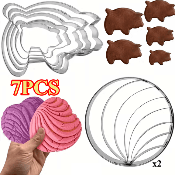 Concha Cutter Mexican Bread Mold Made Of Stainless Steel 4.1 Inch Concha Stamp Two Sided Mold With 5pcs Pig Shapes Cookie Cutters