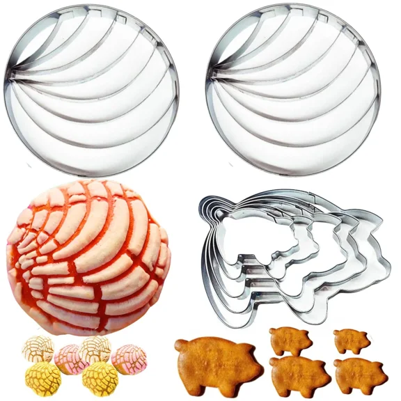 Concha Cutter Set, 2 Stainless Steel 4.1" Concha Stamp With 5 Pig Cookie Cutters