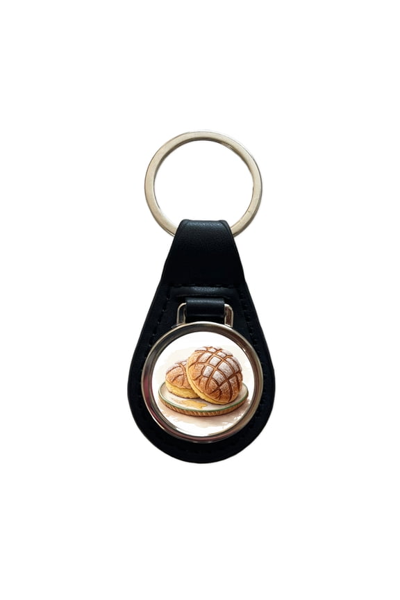 Conchas Pastry Mexican Sweet Bread Metal Black Leather Keychain