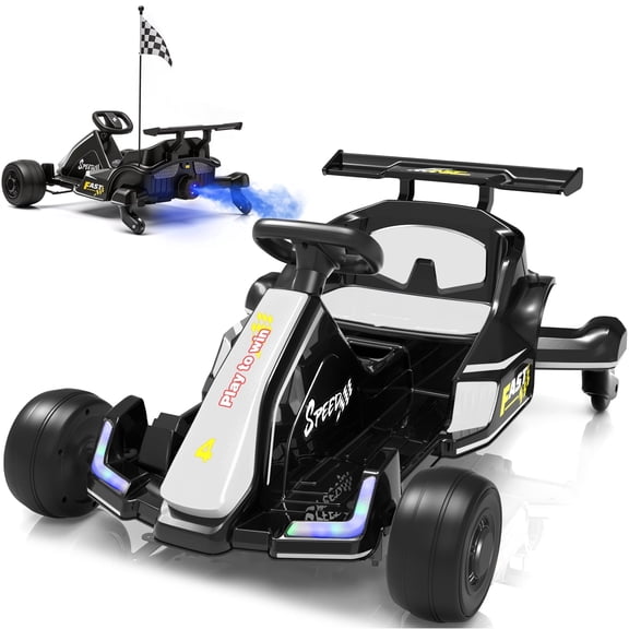 Conchico 12V Electric Drift Go Kart for Kids, Powered Ride on Toy Car with Rear Swivel Wheels, Water Spray Function, Cup Holder for Boys Girls Ages 3-8, White